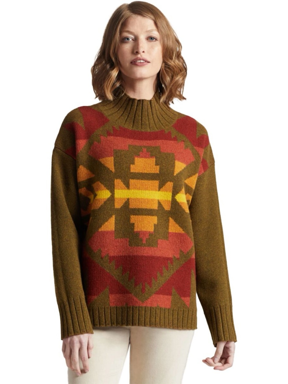 Pendleton Women’s Lambswool Southwestern Graphic Sweater Mock Neck M Wool